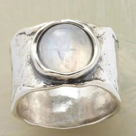 Handmade Silver Gemstone Roundel Moonstone Ring - Picture 1 of 6